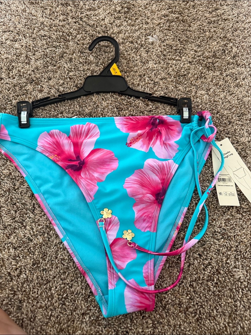 No Boundaries Turquoise Bikini Bottoms with Pink Floral Print Large
